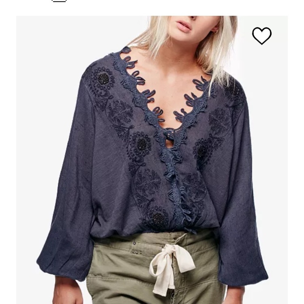 Free People Top Desert Sands Black Embroidered Fringe Boho Peasant Shirt Casual